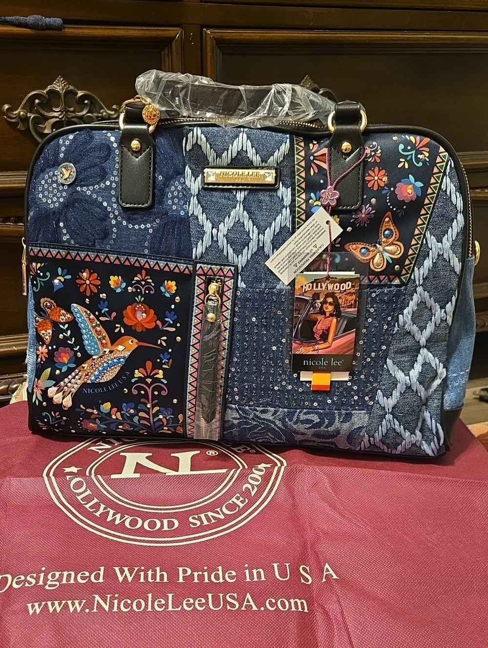 Nicole Lee Blue Denim Patchwork Tote with Floral & Butterfly Motifs